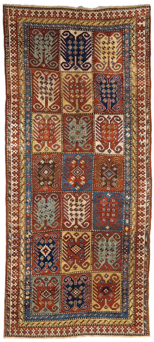 CAUCASIAN antique.The central field divided into rectangles with geometric figures, multi-stepped border, 148x320 cm.