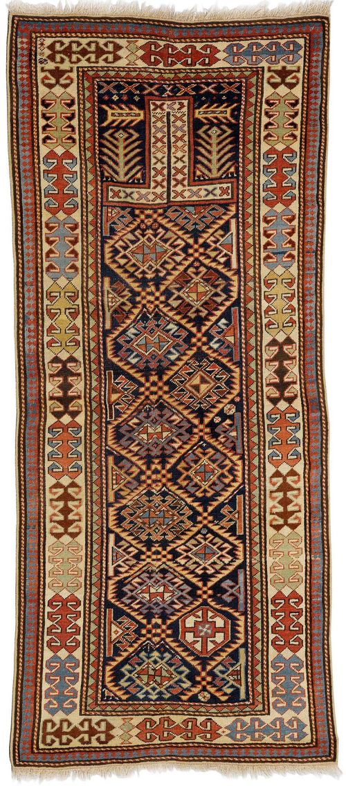 SHIRVAN PRAYER RUG antique.Black central field with white border, patterned with hooked stars, 83x186 cm.