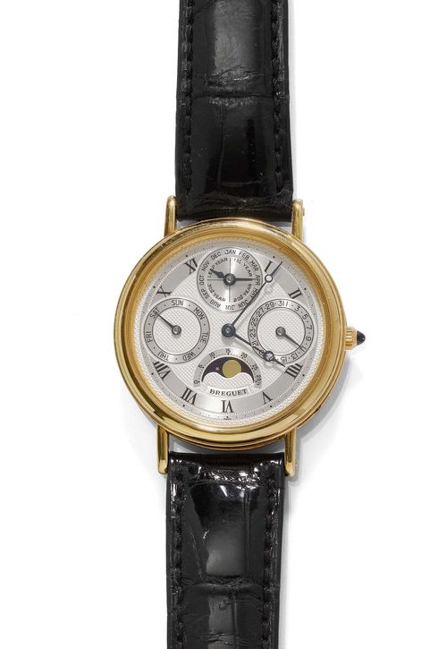 GENTLEMAN'S WRISTWATCH, AUTOMATIC WITH PERPETUAL CALENDAR AND MOON PHASE, BREGUET, 1990s. Yellow gold 750. Ref. 3050BA. Flat case No. 3737, with ribbed profile and sapphire-set crown. silver-coloured dial engine-turned in the centre, with Roman numerals and blue-Breguet hands, date at 3h, day of the week at 9h, month with leap year at 12h, moon phase at 6h, signed. Automatic, movement No. 267, Cal. 502QP3 with moon phase. Black leather band with Breguet fold-over clasp. D 36 mm. With case, copy of the Gübelin revision, April 2009.