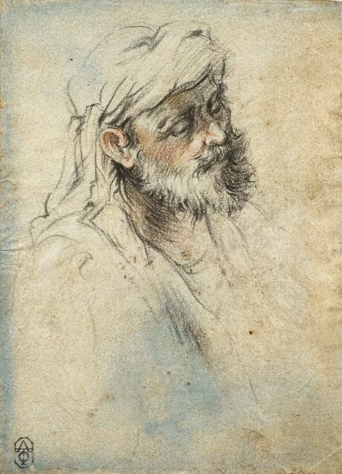 FRENCH SCHOOL, 1ST HALF OF THE 18TH CENTURY Portrait of a bearded man in a turban. Black and red chalk. 19.5 x 14 cm. Framed. Provenance: - unidentified collector’s stamp, not in Lugt
