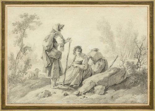 PILLEMENT, JEAN BAPTISTE (1728 Lyon 1808) Herdsmen resting. Black chalk. Signed and dated on lower margin to the left: Jean Pillement 1794. Old mount. 16.5 x 24 cm. Framed.