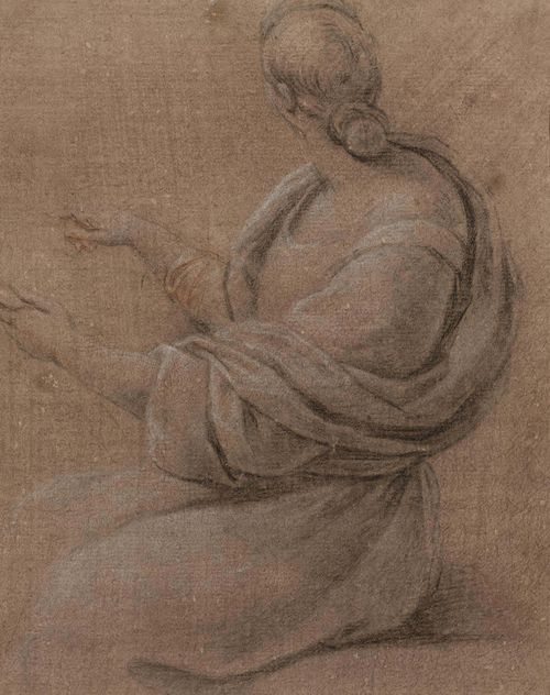 ROMAN SCHOOL, END OF THE 17TH CENTURY Seated female figure with book. Black chalk, heightened in white, with traces of red chalk. On paper with brown ground. 25 x 19.5 cm. Framed.