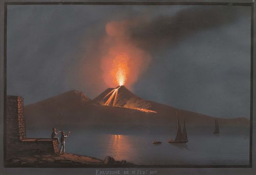 ITALY - NAPLES.-Neapolitan, 1st half of the 19th century. Vesuvius spewing flames by night. Gouache, 28 x 42,4 cm. With black pen outer line and grey gouached margins. Entitled in the centre of the lower margin: Eruzione de 26 Feb. 1822. Framed. – Fine view in good condition.