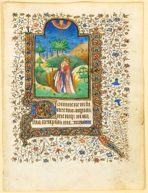 BOOK ILLUMINATION.-France, circa 1420. Page from a book of hours with ornamented letter D: "D"omine... with a depiction of King David at prayer. Opaque colour on vellum heightened with gold. 20.5 x 14.5 cm. - Provenance: Kurt Meissner collection, Zurich.