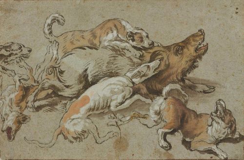 FLEMISH SCHOOL, 17TH CENTURY Wild boar hunt. Pen and brush in brown, with watercolour and heightened with white. On blue laid paper. Outer line in brown pen. 17.5 x 27 cm. Framed.