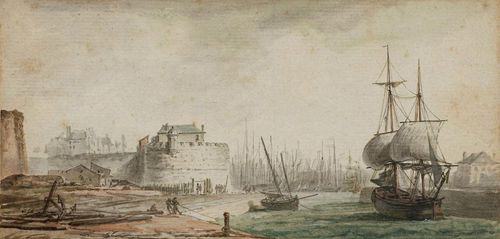 FRENCH SCHOOL, 17TH/18TH CENTURY Ships in the harbour of Le Havre. Brown and grey pen, grey brush, watercolour and heightened with white. Outer line in brown pen. Old mount on backing board. Old inscription in French on board below the image in brown pen: ... Port du havre de Grace par Noel. (?, verblasst). 9.2 x 19.5 cm. Framed.