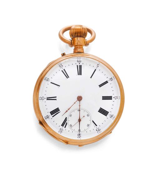 POCKET WATCH, Switzerland, ca. 1890. Pink gold 750. Polished case No. 17513, the engine-turned, engraved back with 1 oval empty monogram cartouche. Enamelled dial with Roman numerals and gold-coloured hands, small second at 6h, outer minute division. Lever escapement with flat spring, bimetallic balance, pallet with counterpoise. D 46 mm.