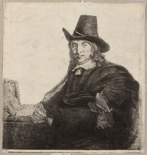 REMBRANDT, HARMENSZ VAN RIJN (Leiden 1606 -1669 Amsterdam).Jan Asselijn, painter (Krabbetje), circa 1647. Etching, drypoint and burin. On thin laid paper without watermark. 17.3 x 17 cm (Sheet size). White/Boon 277 III; Bartsch 277; Nowell-Usticke 277 IV (of VI,). – The upper and lower margins more heavily cut, the left and right margins cut just to the plate edge. Verso with remains of old mount. Excellent, even and delineated impression. - Provenance: collection of Dr. F. Pokorny (mid 19th century), Vienna, Lugt 788; unknown collector’s stamp, Lugt 2909a; collectors‘ stamps from the former Zurich polytechnic, Lugt 2066a and Lugt 711b.
