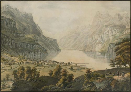 Attributed to BLEULER, JOHANN HEINRICH the younger (Zollikon 1787-1857 Feuerthalen).Lake Lucerne, circa 1820/25. Coloured etching. 42.5 x 61 cm. Outer line in black pen and grey gouached margin. Old title in brown pen lower right within the image. Gold frame. - Somewhat browned in places. Slightly faded. Small water stain in lower margin. - Rare.