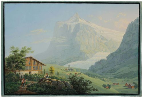 USTER, JOHANN HEINRICH II. (Zollikon 1774 - 1866 Feuerthalen).Chalet in Grindelwald with view of the Wetterhorn. Gouache, 34 x 48 cm. Inscribed in black pen on lower margin left and right: Dess. & peint d'après la nature par J. Henri Uster à Feuerthalen près de Schaffhouse. Outer line in black pen and grey gouached margin. The margin cut on all sides, only remains of handwritten title on lower margin are still visible. The sheet slightly waved. A few scattered spots. The colours fresh and the image in overall good condition.