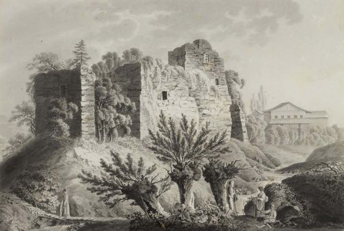 THOMANN, JOHANN (1778 Zurich 1836).Burg Reusegg. Pen and brush in grey. 25.7 x 37.3 cm. Old inscription verso: Burg Reussegg, eine getuschte Zeichnung von J. Thomann 1816. Framed.