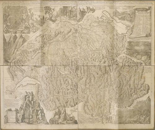 SCHEUCHZER, JOHANN JAKOB (1672 Zurich 1733).Nova Helvetiae tabula geographica, illustrissimis et potentissimis cantonibus et rebuspublicis reformatae religionis Tigurinae, Bernensi, Glaronensi, Basiliensi, Scaphusianae, Abbatis Cellanae, dominis suis clementissimis humillime dicata ... Ioh. Melch. Fusslin ornamenta pinx.; Ioh. Henr. Huber et Eman. Schalch sculp. - Copper engraved map of Switzerland. Zurich, 1712/13 (probably second proof by Johannes Hofmeister, 1765). - The 4 map sheets as a mounted as a full map on linen. Total size 117 x 152 cm. Slight browning, dusty and some finger soiling. Small scattered tears, closed when mounted on linen. The corners with small pin holes. The linen backing partly torn at the creases and slightly waved. Overall still in good condition.