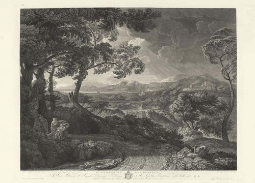 GMELIN, WILHELM FRIEDRICH (Badenweiler 1760 - 1820 Rome).Il temporale del Pussino, 1813. Engraving after Gaspard Poussin. 48 x 59 cm. Nagler V/2, 244. - Splendid impression with full margins. The margins with foxing. The edges slightly foxed and with minor damage. Overall good condition. Rare. - From the collection of Conrad Baumann zu Tischendorf (2nd half of the 19th century).