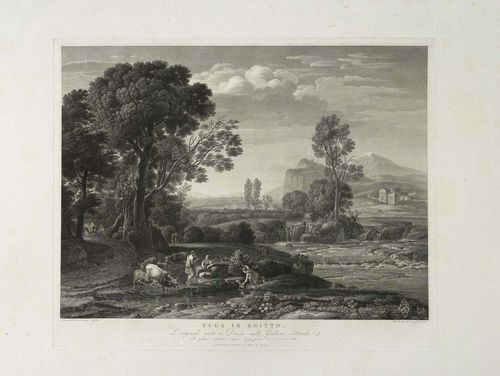 GMELIN, WILHELM FRIEDRICH ( Badenweiler 1760 - 1820 Rome).Fuga in Egitto. Etching after Claude Lorrain. 49 x 60.5 cm. Andresen 4. - Splendid impression with full margins. The margins with light foxing. Overall good condition. - From the collection of Conrad Baumann zu Tischendorf (2nd half of the 19th century.).