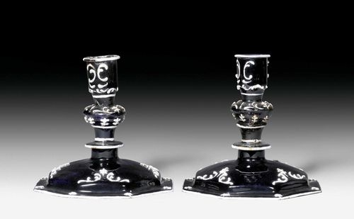 PAIR OF ENAMEL CANDLESTICKS, in Renaissance style, Limoges, 19th century. H 23 cm. Provenance: Segal collection, Basel.