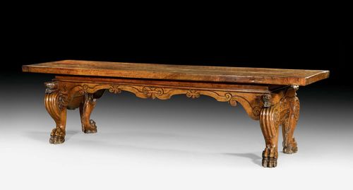 LONG REFECTORY TABLE WITH COAT OF ARMS OF THE SFORZA FAMILY,Renaissance and later, northern Italy. Richly carved walnut. 296x80x79.5 cm. Provenance: -Acquired from Neumeister Munich, in the 1960s. - Swiss private collection.