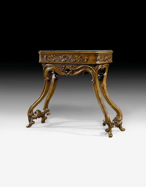 JARDINIERE, late Louis XV, Aachen-Liege, 18th/19th century. Richly carved oak with shells, leaves and decorative frieze. Green brass insert.100x37x98 cm. Provenance: Segal collection, Basel.