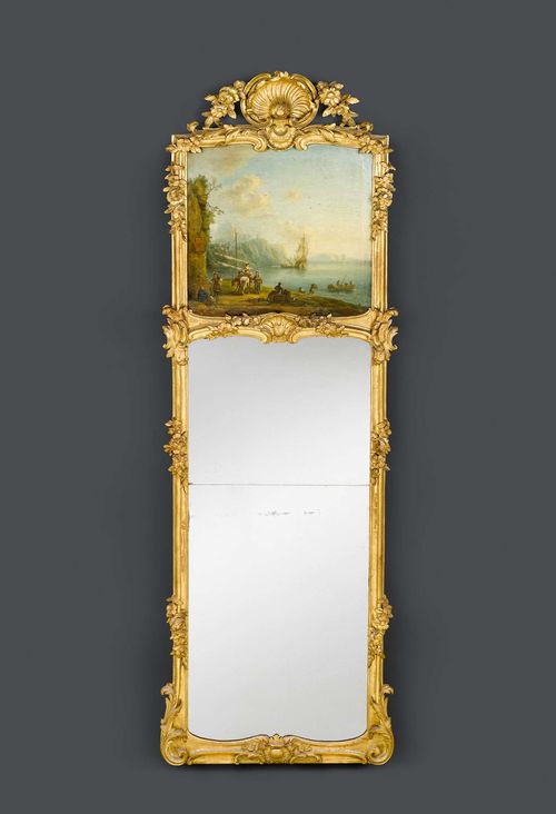 TRUMEAU MIRROR, Louis XV, Basel/Frankfurt circa 1760/70. Molded and finely carved giltwood. Finely painted fronton with river landscape and figural scenes. H 255 cm. W 85 cm. Provenance: Segal collection, Basel.