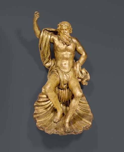 FIGURE OF NEPTUNE,Baroque, southern Italy circa 1730. Gilt wood. Some losses and chips. H 54 cm. Provenance: from a French collection. Expertise by Cabinet Dillee, Guillaume Dillee/Simon Pierre Etienne, Paris 2012.