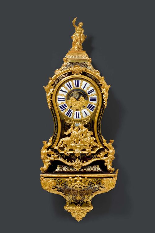 BOULLE CLOCK WITH MOON PHASE and plinth,Regence, an enamel cartouche signed GOHIER A PARIS, Paris circa 1730. Brown tortoiseshell finely inlaid with partly engraved brass in "premiere partie". The case also with inlaid interior and surmounted by large Jupiter figure. Relief-decorated bronze dial with Chronos and Cupid as well as large, finely painted moon phase window with engraved Arabic moon days over a small date window in the center, 12 enamel cartouches with blue Roman hours as well as engraved Arabic minutes. Verge escapement striking the 1/2 hours on bell. Bronze mounts. Some servicing required. 51x26x137 cm.