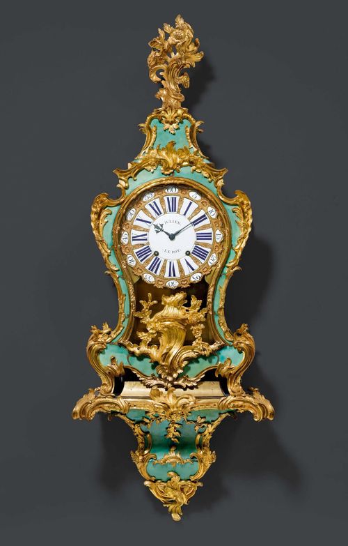 GREEN HORN CLOCK,Louis XV, the dial and movement signed JULIEN LE ROY A PARIS (Julien II Le Roy, maitre 1713), Paris circa 1760. Green horn and gilt bronze. Bronze dial with 24 enamel cartouches as well a 1 central cartouche for the signature. Verge escapement striking the 1/2 hours on bell. Rich bronze mounts and applications. 48x25x119 cm.