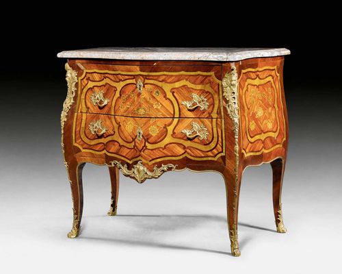 COMMODE "A FLEURS", Louis XV, stamped DELORME (Adrien Delorme, maitre 1748), Paris circa 1760. Tulipwood, rosewood, and partly dyed precious woods finely inlaid with flowers, leaves, cartouches, bands and decorative frieze. The front with 2 sans traverse drawers. Gilt bronze mounts and sabots. Probably replaced gray/pink speckled marble top. Some losses. 98x60x85 cm.