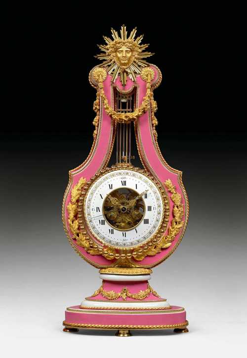 PINK LYRE CLOCK WITH SKELETON MOVEMENT,Louis XVI, the movement attributed to D. KINABLE (Dieudonne Kinable, active circa 1780-1820), the enamel painting signed J. COTEAU (Joseph Coteau, Geneva 1740-1801 Paris), Paris circa 1795/97. Red Sevres porcelain with matte and polished gilt bronze. Exceptionally finely painted enamel dial with Roman hours and Arabic minutes and month days.3 hands, partly finely pierced and gilt. Visible, skeleton anchor escapement with pinwheel movement striking the 1/2 hours on bell. Exceptionally rich bronze mounts and applications. 25x15x61 cm.