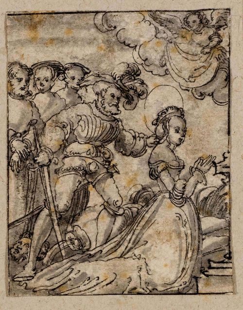Circle of CRANACH, LUCAS (Kronach 1472 - 1553 Weimar), The martyrdom of a Christian princess. Circa 1520. Black pen, with brush in grey. 6.7 x 5.3 cm. Provenance: - Collection of  Paul Geneux, Geneva - Collection of  Hugues Fontanet, Geneva, Lugt 4257