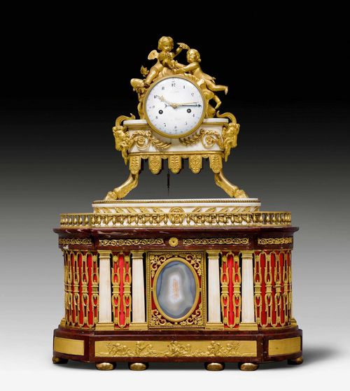 MANTEL CLOCK "L'AMOUR ET LE FOU" WITH ORGAN, Louis XVI, the dial signed LE JEUNE A PARIS (Charles Francois Barbier, known as Le Jeune, died 1778), Paris circa 1770. White marble and gilt bronze. Enamel dial with 3 fine hands. Anchor escapement striking the 1/2 hours on bell. The organ with 20 tin pipes and large wooden barrel in red, openwork marble case with balustrade, agate plaque, 4 columns and putto relief. Rich gilt mounts and applications. A few elements probably replaced. Requires servicing. 55x27x75 cm.