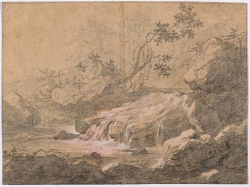 DUNKER, BALTHASAR ANTON (Saal 1746 - 1807 Bern) Two sheets.: 1. Study for a landscape with mountain stream 2. Landscape with antique viaduct and watercourse. Black chalk, with grey wash, one sheet heightened with  red and white. 37 x 49.5 cm and 40 x 53 cm.