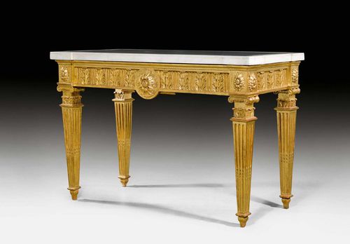 CONSOLE "AUX ROSACES",Louis XVI, Turin circa 1780. Fluted and finely carved gilt wood. Beige/white marble top. 142x65x93 cm.