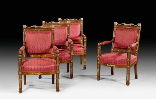 SET OF 4 FAUTEUILS "AUX ARCS ET FLECHES", Empire, probably Russia circa 1810/15. Shaped mahogany with fine brass inlays. Worn, wine-red silk cover. 61x50x46x91 cm.