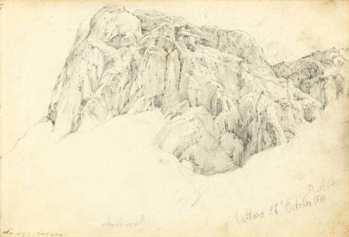 ALT, RUDOLF VON (1812 Vienna 1905) Study of mountains. Verso: costume study. Pencil. Numbered upper left: 5. Inscribed lower left: ... cattaro; inscribed in the centre: Montenegro; inscribed, signed and dated to the right: Cattaro 26' October 1840 R.Alt. Inscribed verso: Triest. 16.4 x 24.2 cm.
