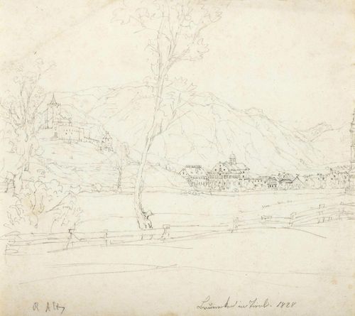 ALT, RUDOLF VON (1812 Vienna 1905) View of the Tyrol. Pencil. Signed lower left: R.Alt; Entitled and dated in the centre: L...(unidentified) in Tirol, 1828. 20.5 x 22.8 cm.