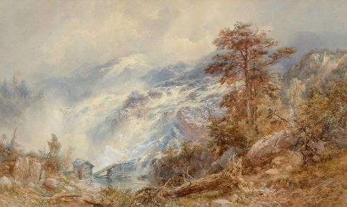 COMPTON, EDWARD THEODORE (Stoke Newington 1849 - 1921 Feldafing) High mountain landscape with waterfall. Watercolour. Signed and dated lower left: E.T.Compton 1892. Inscribed lower right: Op.394. Numbered and entitled verso on an old label in black pen: No. 394 Waterfall in ... Nor(vay?, fragment). 67 x 112 cm (image). Gold frame.