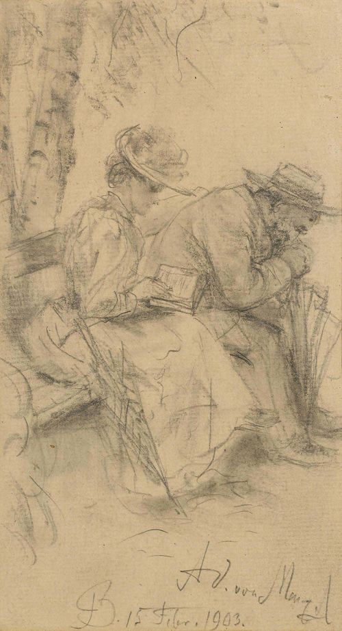 MENZEL, ADOLPH VON (Breslau 1815 - 1905 Berlin) Couple on a bench in the park. 1903. Pencil and charcoal on paper. Signed lower right: Ad.von Menzel. Also dated in the centre: 15. Febr. 1903. Verso with sketches of a serving girl and  young women. 16 x 9 cm. Provenance: - Galere Heinrich Tannhauser, Munich (label verso). - Private collection, Switzerland.