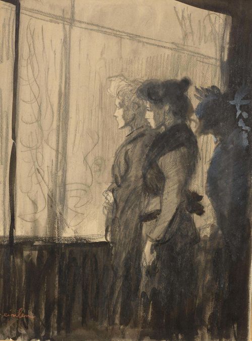 STEINLEN, THEOPHILE - ALEXANDRE (Lausanne 1859 - 1923 Paris) Nocturnal scene with two women before a display window. Verso: studies. Black chalk and watercolour, heightened with white. On heavy wove paper with watermark. BLANCHET. Signed lower left in red chalk: Steinlen 36 x 26.5 cm. Framed.