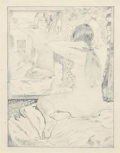 VAN RYSSELBERGHE, THEO (Ghent 1862 - 1926 St. Clair) Seated female nude, 1906. Pencil. Inscribed below the image: Th.Van Rysselberghe. 19 x 11.5 cm. Framed. Study for the painting "The Scarlet Ribbon", 1906.