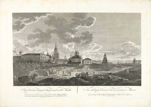 RUSSIA - MOSCOW.-Paul Jakob Laminit after Guerard de la Barthe, 1795. Vue de la porte sainte et de sesenvirons à Moscou. Engraving with etching, 48.7 x 72.5 cm. With engraved title, inscription and date in French and Russian on lower edge of sheet. Very fine, even and strong impression with margin. (2.5 to 5 cm) around the plate edge. The margins with light foxing and scattered water stains. The print in spotless condition. Overall good condition.