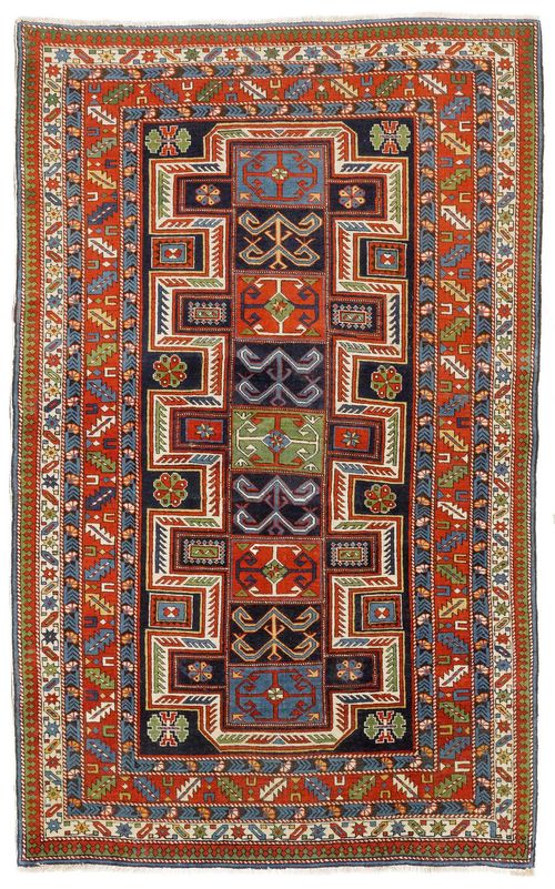 SHIRVAN antique.Dark blue central field geometrically patterned, stepped border, good condition, 118x192 cm.