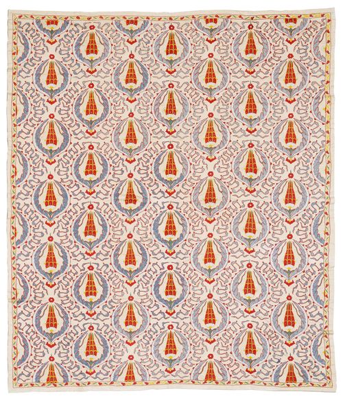 SUZANI SILK old.White ground, patterned throughout with blossom-shaped medallions in red and light blue, good condition, 200x262 cm.