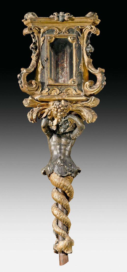 PROCESSIONAL LANTERN,Louis XV, Venice circa 1760. Finely carved and parcel gilt wood. H 201 cm. Provenance: - Formerly part of the collections of Schloss Wolfensberg (TG). - Private collection, Switzerland.