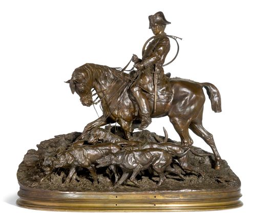 VALET DE CHASSE (LOUIS XV) ET SA HARDE.Darkly patinated bronze, signed P.J. MÊNE. 1869. Workshop of P.J. Mêne (1869-1879). 66.5x75x39 cm.