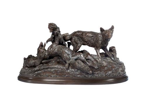 FAMILLE DE RENARDS ou RENARDS ET SES PETITS.Darkly patinated bronze, signed P.J. MÊNE. Possibly workshop of Mêne-Cain (1879-1908). 30x16x16 cm.