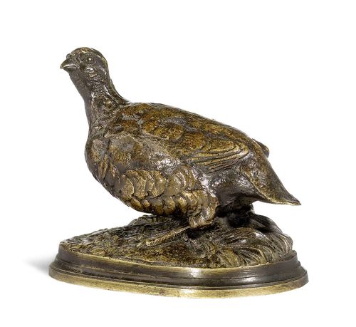 PERDRIX SEULE.Darkly patinated bronze, signed P.J. MÊNE. Workshop of P.J. Mêne (1847-1879). 7.5x5.5x6 cm.