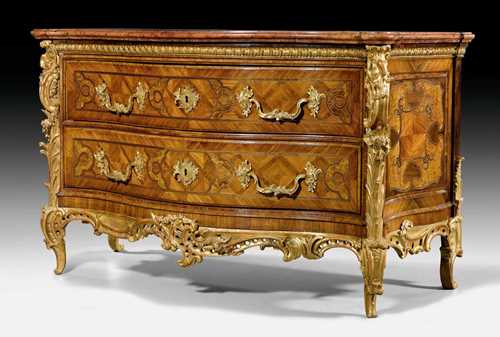 IMPORTANT COMMODE,Louis XV, Munich, circa 1730. Walnut, burlwood and various fruitwoods exceptionally finely inlaid with pewter fillets, diamond pattern, cartouches and decorative frieze, very finely carved and parcel gilt. The front with 2 drawers. Gilt bronze mounts and drop handles. "Rosso di Verona" top. 140x56x81 cm.