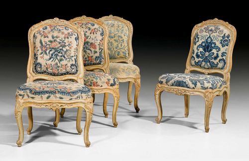 SET OF 4 PAINTED CHAIRS "A LA REINE", Regence, Paris, 18th/19th century. Shaped and richly carved beech with remains of painting. Different, worn, polychrome "Petit Point" covers with flowers and leaves. 54x49x45x92 cm.