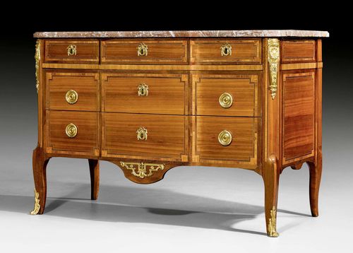COMMODE "A LA GRECQUE",Transition, stamped L. BOUDIN (Leonard Boudin, maitre 1761), guild stamp, Paris circa 1775. Tulipwood and rosewood in veneer, inlaid with reserves and fillets. The front with 3 drawers, the lower 2 drawers sans traverse, the top drawer divided into three. Gilt, replaced bronze mounts and sabots. Shaped "St. Anne" top. 130x64x89 cm.