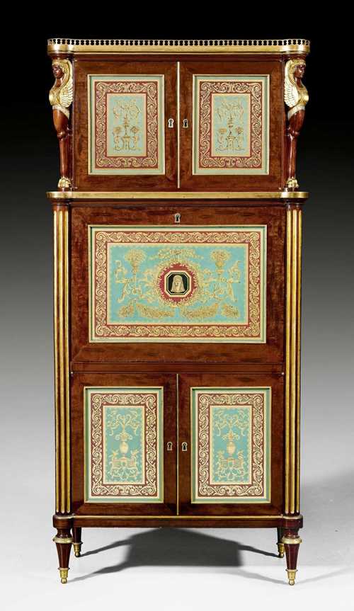 IMPORTANT SECRETAIRE WITH "VERRE EGLOMISE", Louis XVI, attributed to B. MOLITOR (Bernard Molitor, maitre 1787), the glass painting signed and inscribed DEGAULT PINXIT, Paris circa 1790. Finely carved mahogany in veneer with exceptionally fine "verre eglomise". Fall-front writing surface lined with gold-stamped black leather above double doors in front of 3 stacked drawers. Fitted interior of 6 drawers in 3 rows under a large compartment. The recessed upper section with double doors in front of 2 compartments. "Carrara" top edged in pierced brass rail. Restorations and substitutions. 80x41x(open 75)x173 cm.