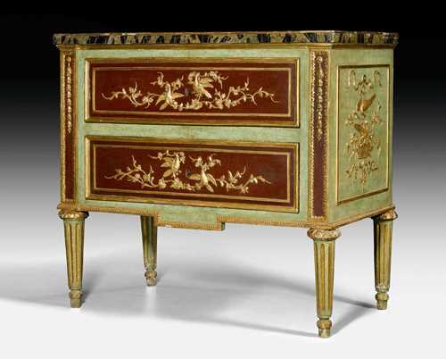 LACQUER COMMODE,Louis XVI, attributed to G.M. BONZANIGO (Giuseppe Maria Bonzanigo, 1745 Turin 1820), Piedmont circa 1785. Fluted and finely carved wood with green/red lacquer. The front with 2 drawers. Fine, "en faux marbre Vert de Mer" top. The paint restored. 110x57x100 cm.
